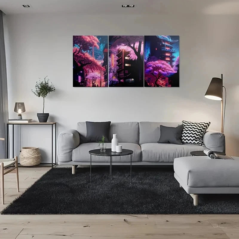 3pcs Cherry Blossom Vibrant Urban Night Scene Metal Print Ready to Hang Art - Bella Home Decor