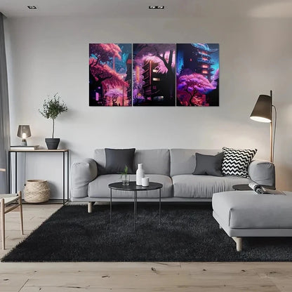 3pcs Cherry Blossom Vibrant Urban Night Scene Metal Print Ready to Hang Art - Bella Home Decor