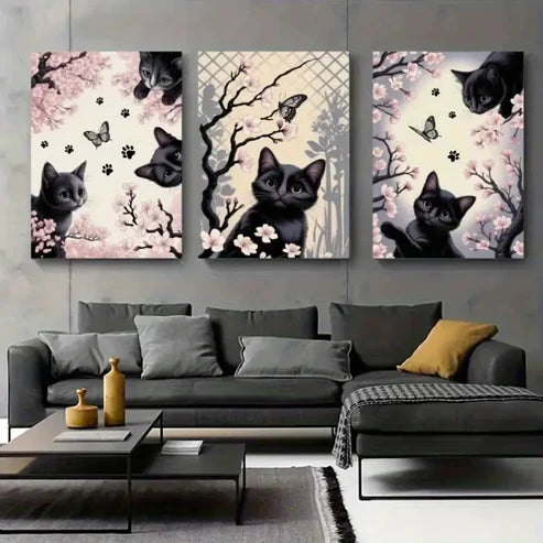 3pcs Black Cat & Butterfly Canvas Wall Art Canvas Unframed - High Quality Print 100% Australian Made Wall Canvas - Bella Home Decor
