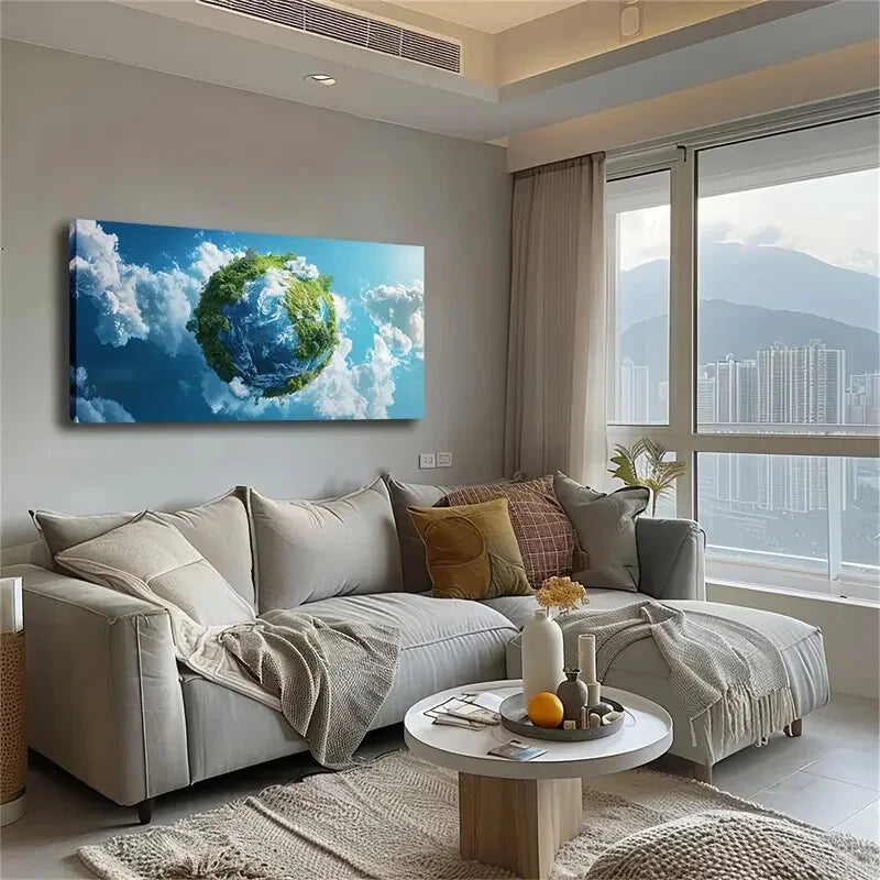 Earth from Space Minimalist Wall Art Canvas Office Home Room Framed 120x60cm - Bella Home Decor