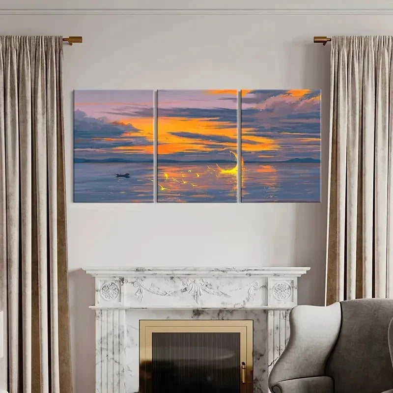 3pcs Sea Surface At Dusk and Moon Wall Art Set Canvas Framed 50x70cm - High Quality Print 100% Australian Made Wall Canvas Ready to Hang