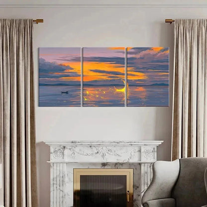3pcs Sea Surface At Dusk and Moon Wall Art Set Canvas Framed 50x70cm - High Quality Print 100% Australian Made Wall Canvas Ready to Hang