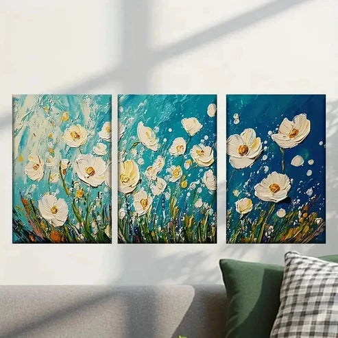 3pcs White Flowers on a Blue Background Wall Art Set Canvas Unframed – High Quality Print 100% Australian Made Wall Canvas