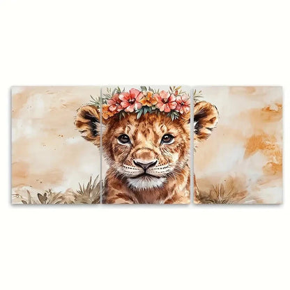 3pcs Watercolour Lion Cub with Flower Crown TI  Wall Art Set Canvas Framed 60x90cm - High Quality Print 100% Australian Made Wall Canvas Ready to Hang