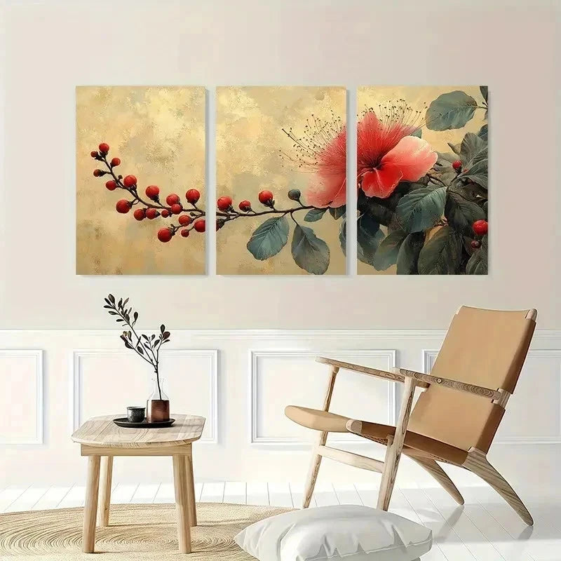 3pcs Calandra Beige Red Tropical Plant Perfect Wall Art Set Canvas Framed 60x90cm - High Quality Print 100% Australian Made Wall Canvas Ready to Hang - Bella Home Decor