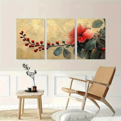 3pcs Calandra Beige Red Tropical Plant Perfect Wall Art Set Canvas Framed 60x90cm - High Quality Print 100% Australian Made Wall Canvas Ready to Hang - Bella Home Decor