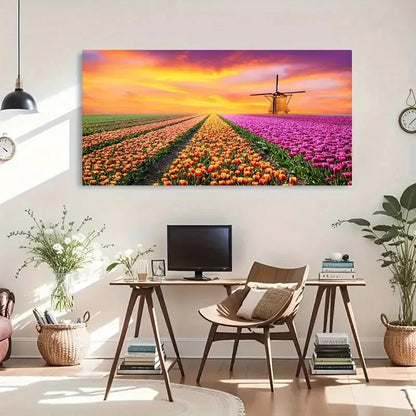 Vibrant Tulip Sea & Sunrise Wall Art Canvas Office Home Room Framed 120x60cm - Bella Home Decor