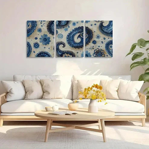 3pcs Blue & White Floral & Geometric Patterns Wall Art Set Canvas Unframed - High Quality Print 100% Australian Made Wall Canvas - Bella Home Decor