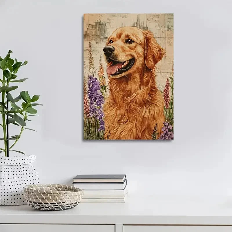 Beautiful Golden Retriever Floral Background Painting 40x60cm Metal Print Ready to Hang - Bella Home Decor