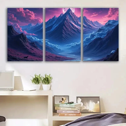 3pcs Moonlit Mountain with Wolves Scene Wall Art Set Canvas Framed 60x90cm - High Quality Print 100% Australian Made Wall Canvas Ready to Hang