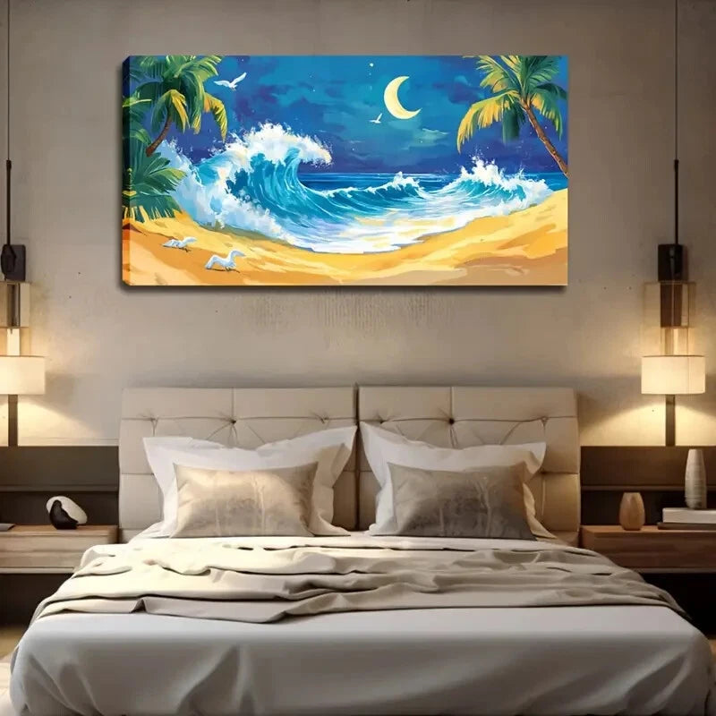Tall Coconut Trees And Crescent Wall Art Canvas Office Home Room Framed 120x60cm - Bella Home Decor