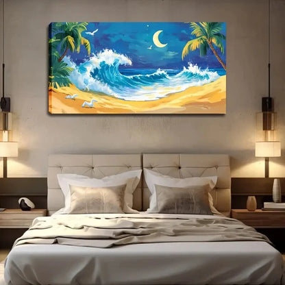 Tall Coconut Trees And Crescent Wall Art Canvas Office Home Room Framed 120x60cm - Bella Home Decor