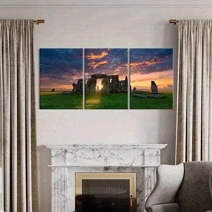3pcs Stonehenge at Sunset Travel Attraction Wall Art Set Canvas Framed 50x70cm - High Quality Print 100% Australian Made Wall Canvas Ready to Hang - Bella Home Decor