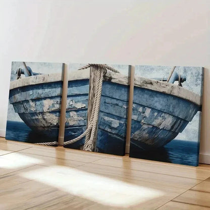 3pcs Blue Wooden Boat & Rope Design Wall Art Set Canvas Framed 40x60cm - High Quality Print 100% Australian Made Wall Canvas Ready to Hang - Bella Home Decor