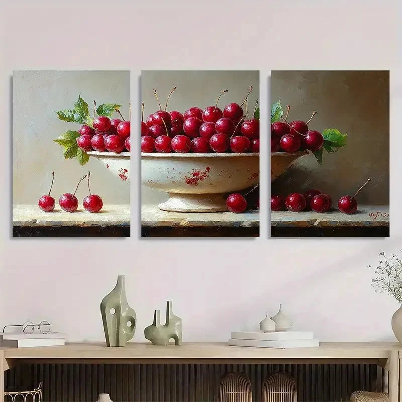 3pcs Cherry Berries Still Life Perfect Wall Art Set Canvas Framed 40x60cm - High Quality Print 100% Australian Made Wall Canvas Ready to Hang