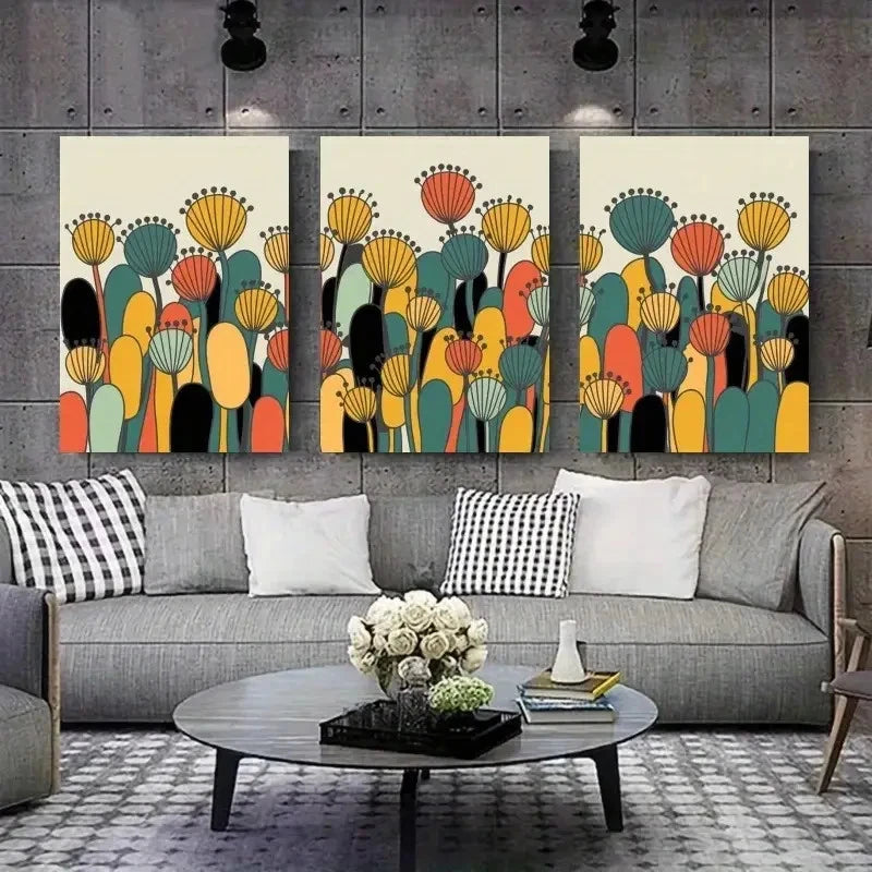 3pcs Abstract Flowers Geometric Shapes Metal Print Ready to Hang Art - Bella Home Decor