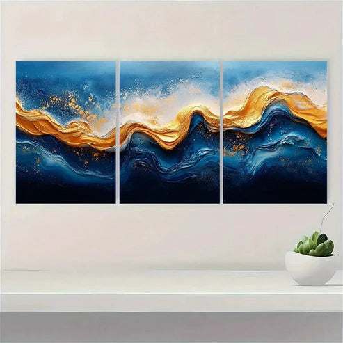 3pcs Modern Abstract Theme Blue and Golden Wall Art Set Canvas Unframed - High Quality Print 100% Australian Made Wall Canvas