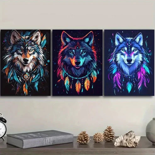 3pcs Stunning Wolf Neon Colors Colorful Necklace Wall Art Set Canvas Unframed - High Quality Print 100% Australian Made Wall Canvas