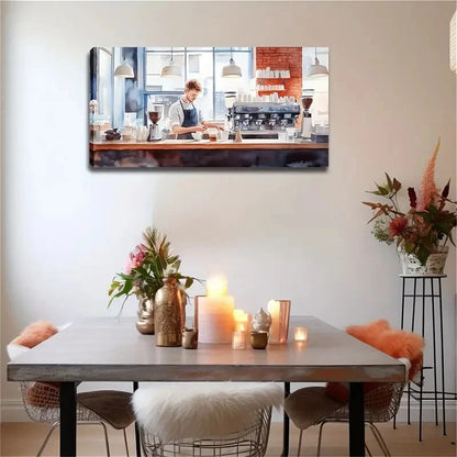 Realistic Coffee Shop Barista Wall Art Canvas Office Home Room Framed 120x60cm
