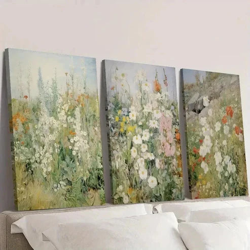 3pcs Vintage Spring Wildflower Field Wall Art Set Canvas Unframed - High Quality Print 100% Australian Made Wall Canvas