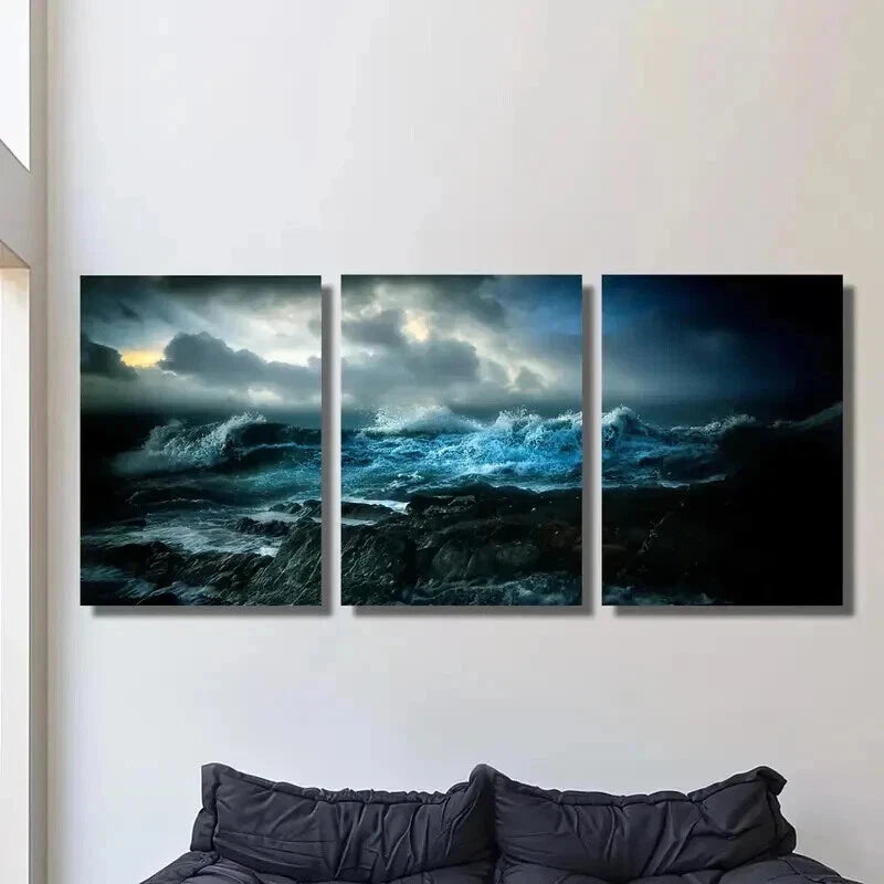 3pcs Amazing Deep Ocean Waves at Night Wall Art Set Canvas Framed 60x90cm - High Quality Print 100% Australian Made Wall Canvas Ready to Hang