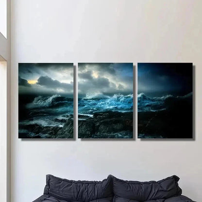 3pcs Amazing Deep Ocean Waves at Night Wall Art Set Canvas Framed 60x90cm - High Quality Print 100% Australian Made Wall Canvas Ready to Hang