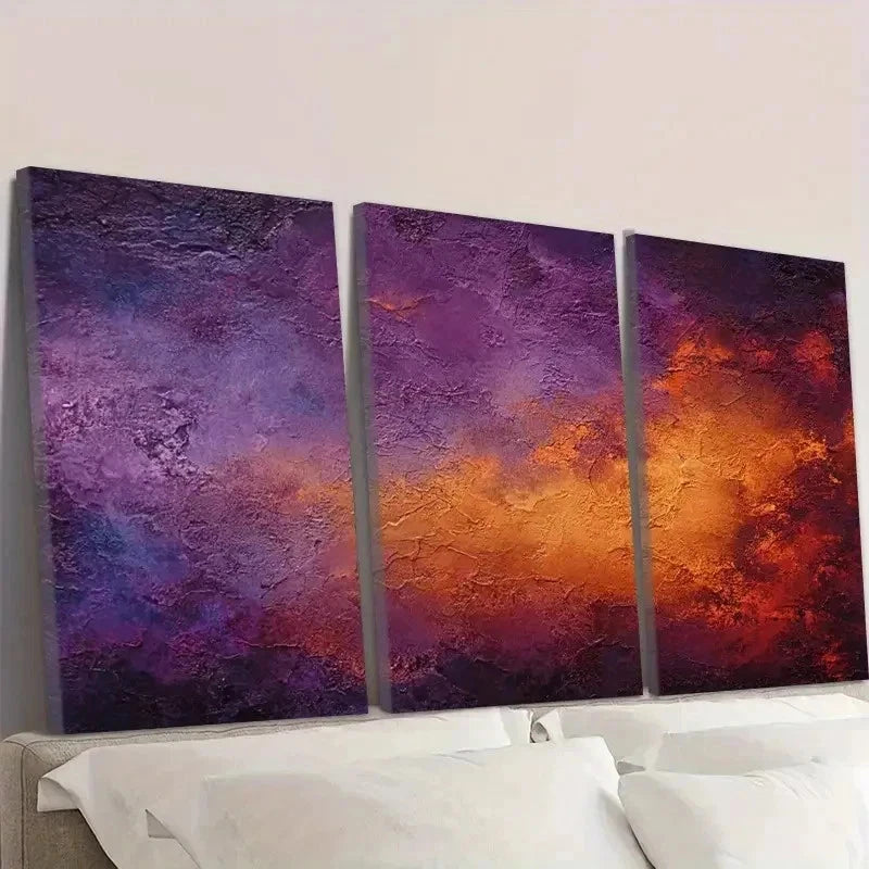 3pcs Deep Purple and Orange Abstract Texture Wall Art Set Canvas Framed 40x60cm - High Quality Print 100% Australian Made Wall Canvas Ready to Hang - Bella Home Decor