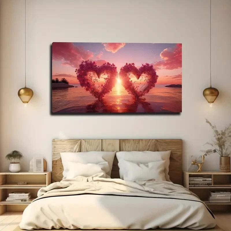 A Pair Of Pink Heart Wreath Wall Art Canvas Office Home Room Framed 120x60cm