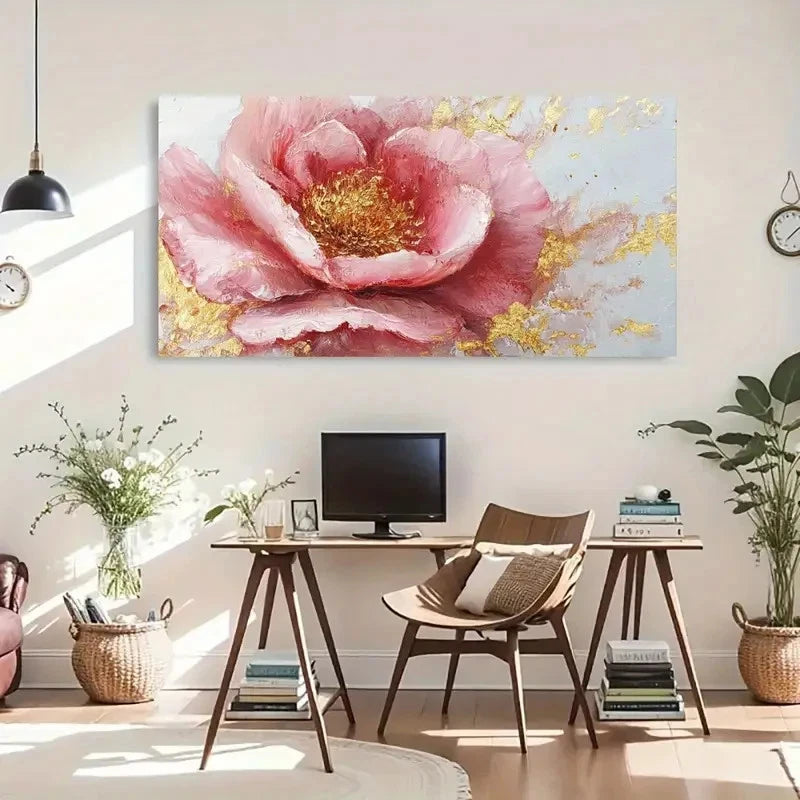 Golden Textured Pink Flower Wall Art Canvas Office Home Room Framed 120x60cm - Bella Home Decor