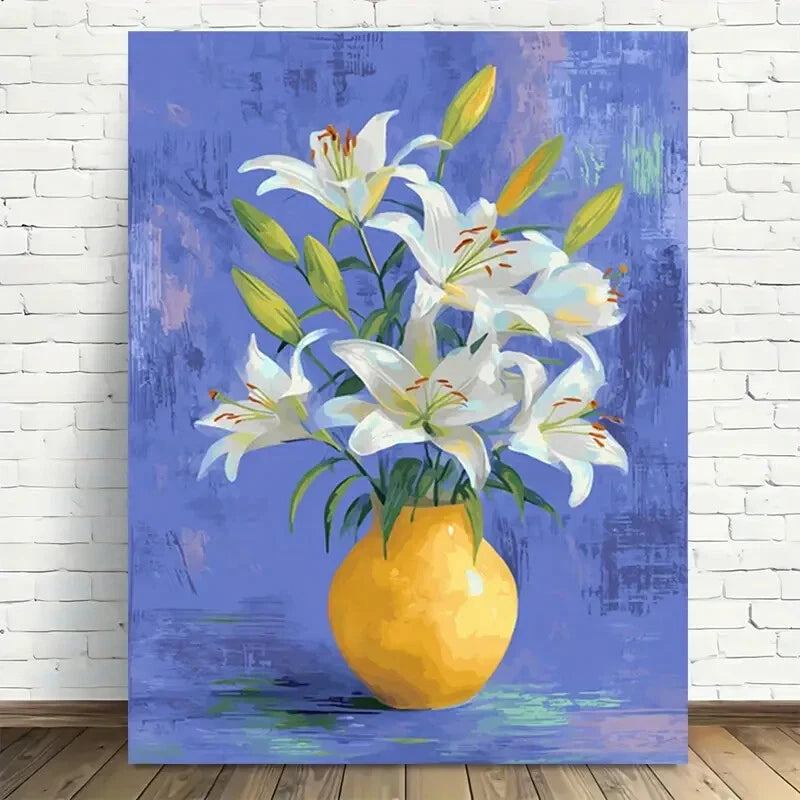 Beautiful White Lily Bouquet In Yellow Vase Painting 40x60cm Metal Print Ready to Hang - Bella Home Decor