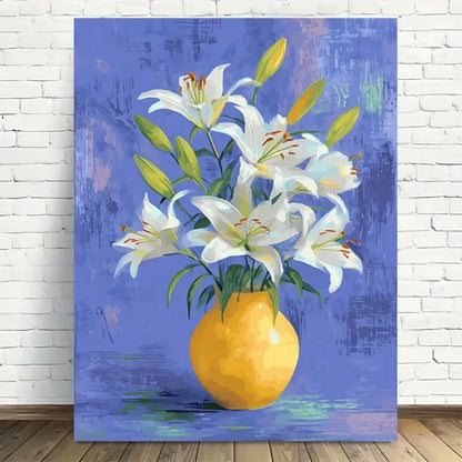 Beautiful White Lily Bouquet In Yellow Vase Painting 40x60cm Metal Print Ready to Hang - Bella Home Decor