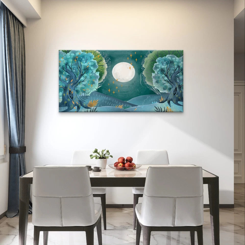 Magical Forest with Full Moon Wall Art Canvas Office Home Framed 120x60cm