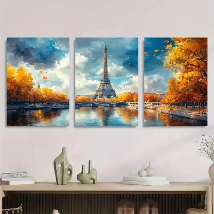 3pcs Paris Eiffel Tower Watercolor Seine Perfect Wall Art Set Canvas Framed 50x70cm - High Quality Print 100% Australian Made Wall Canvas Ready to Hang