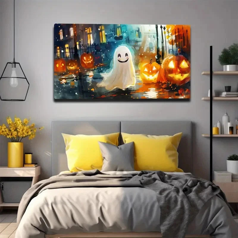 White Ghost And Glowing Pumpkin Wall Art Canvas Office Home Room Framed 120x60cm