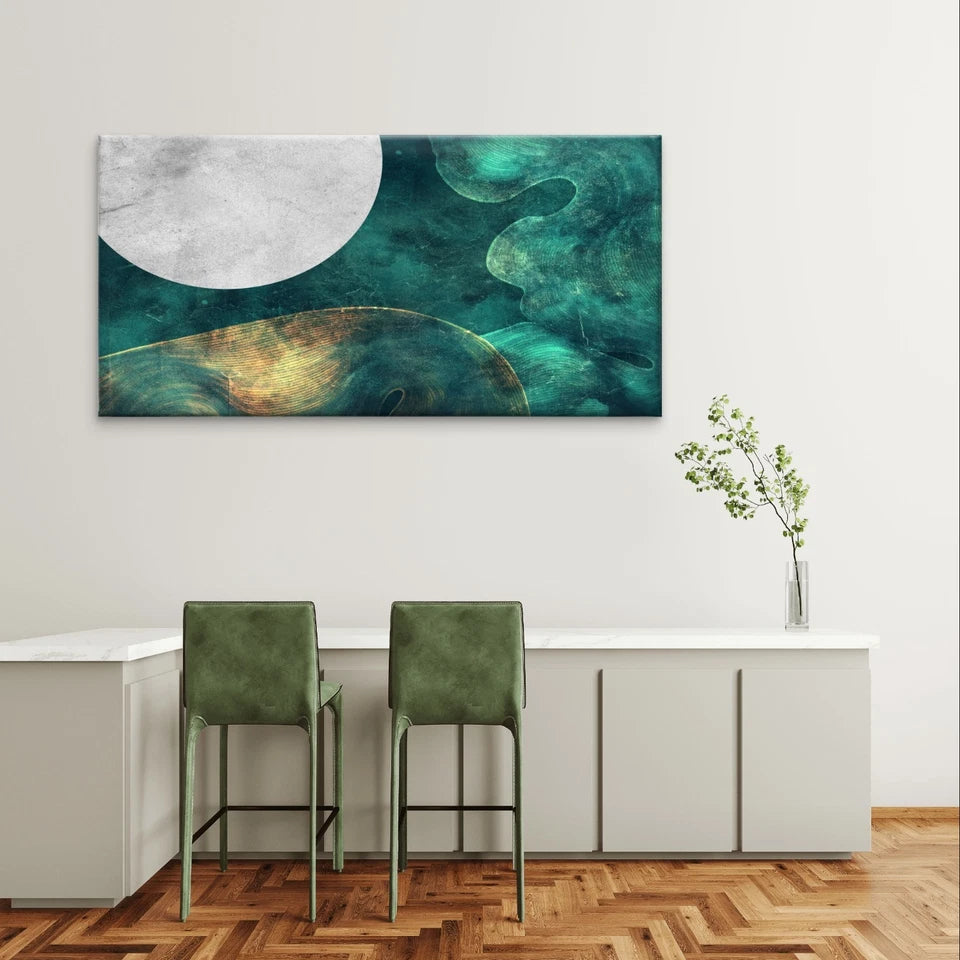 Teal and Gold Abstract Moon Landscape Wall Art Canvas Office Home Framed 120x60cm