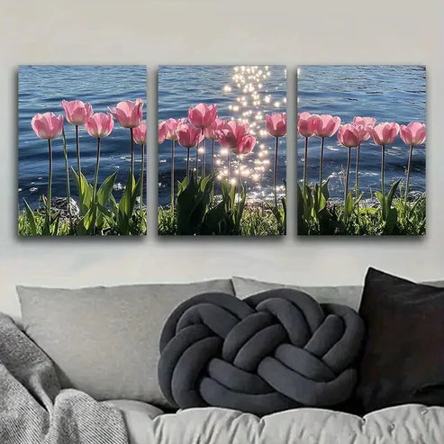 3pcs Pink Tulip Blue Water Colorful Perfect Wall Art Set Canvas Unframed - High Quality Print 100% Australian Made Wall Canvas
