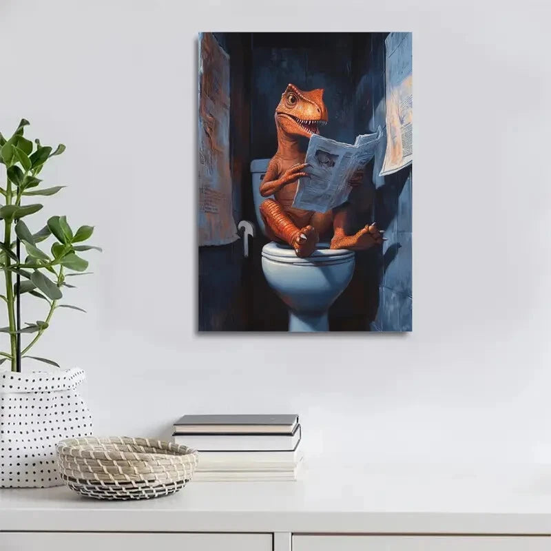 Beautiful Dinosaur Reading Newspaper Painting  40x60cm Metal Print Ready to Hang - Bella Home Decor