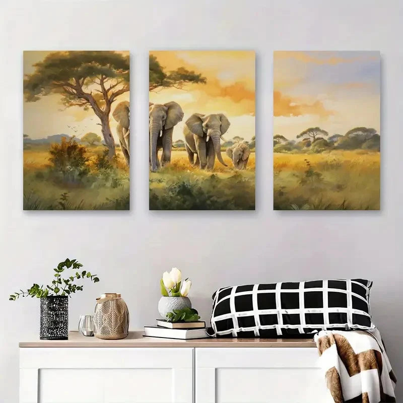 3pcs Majestic Elephants Nature Wildlife Wall Art Set Canvas Framed 40x60cm - High Quality Print 100% Australian Made Wall Canvas Ready to Hang
