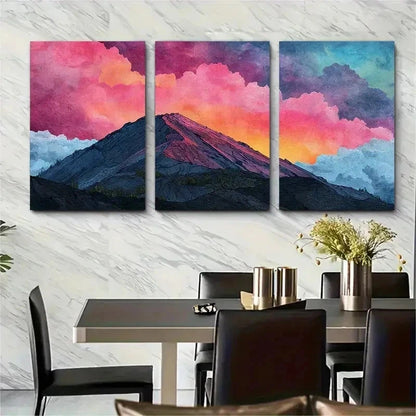 3pcs Illustrated Volcano & Sunrise Perfect Wall Art Set Canvas Framed 50x70cm - High Quality Print 100% Australian Made Wall Canvas Ready to Hang