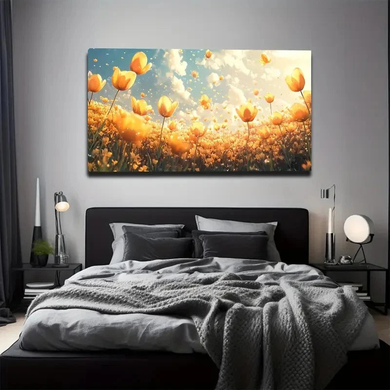 Bedroom with a large floral painting on the wall