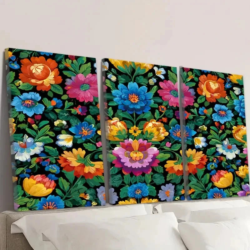 3pcs Multi Color Floral Pattern Wall Art Set Canvas Framed 50x70cm - High Quality Print 100% Australian Made Wall Canvas Ready to Hang