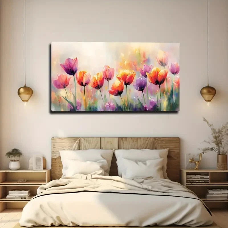 Colorful floral painting above a bed in a bedroom setting