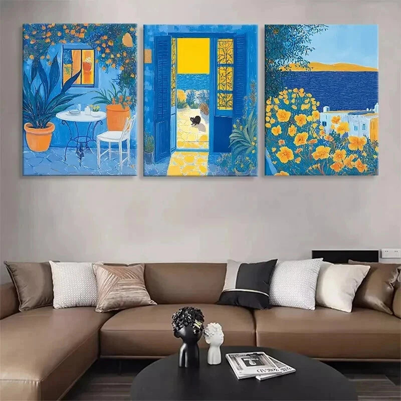 3pcs Mediterranean Blue Yellow Garden Perfect Wall Art Set Canvas Framed 40x60cm - High Quality Print 100% Australian Made Wall Canvas Ready to Hang