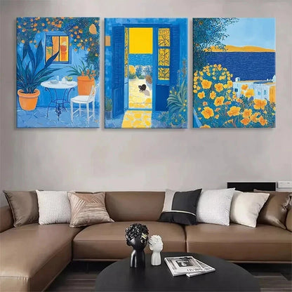 3pcs Mediterranean Blue Yellow Garden Perfect Wall Art Set Canvas Framed 40x60cm - High Quality Print 100% Australian Made Wall Canvas Ready to Hang