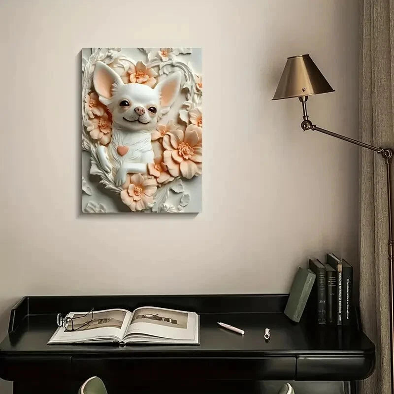 Humorous Chihuahua Surrounded by Flowers Painting 40x60cm Metal Print Ready to Hang - Bella Home Decor