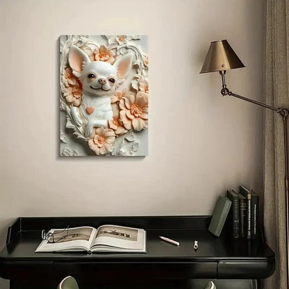 Humorous Chihuahua Surrounded by Flowers Painting 40x60cm Metal Print Ready to Hang - Bella Home Decor