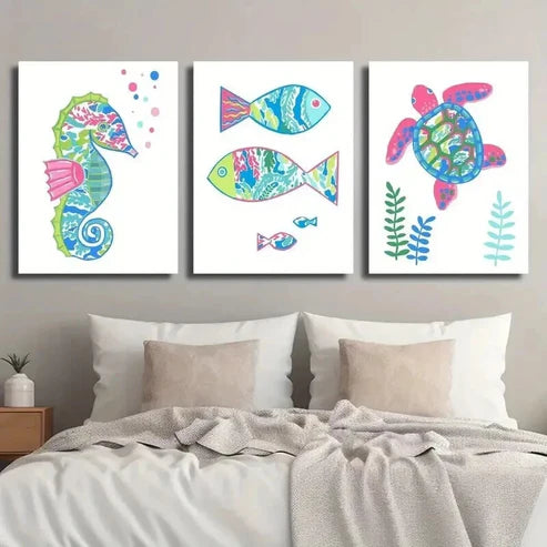 3pcs Style Seahorse Fish and Turtle Painting Wall Art Canvas Unframed - High Quality Print 100% Australian Made Wall Canvas