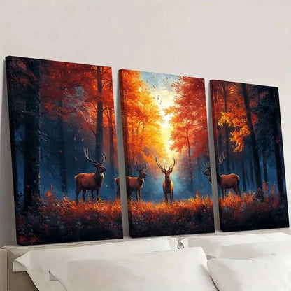 3pcs Rustic Deer Autumn Forest Landscape Wall Art Set Canvas Framed 60x90cm - High Quality Print 100% Australian Made Wall Canvas Ready to Hang - Bella Home Decor