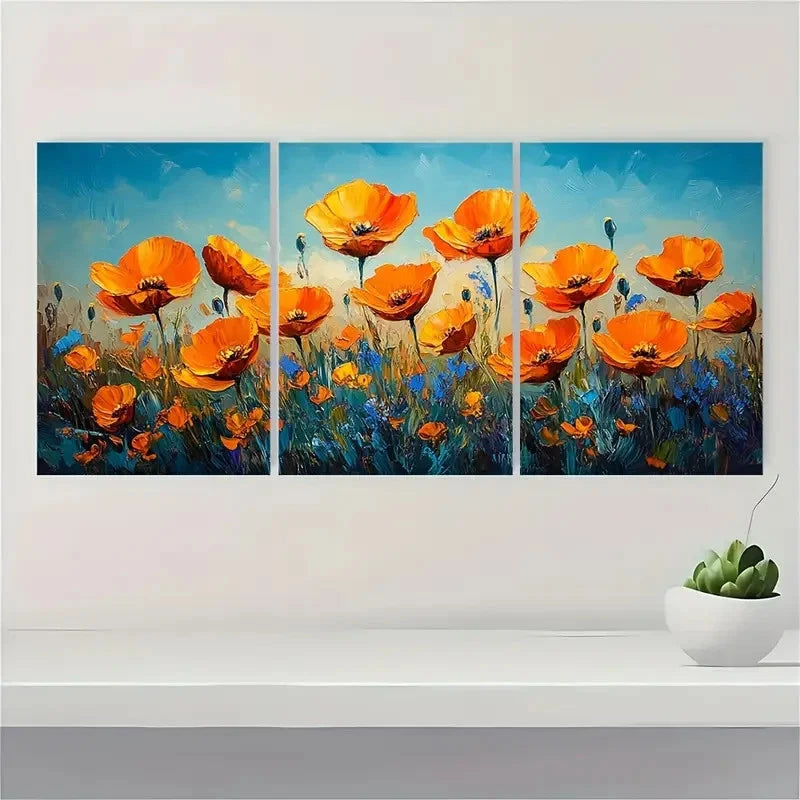 3pcs California Poppy Meadow Artwork PM    Wall Art Set Canvas Framed 50x70cm - High Quality Print 100% Australian Made Wall Canvas Ready to Hang - Bella Home Decor
