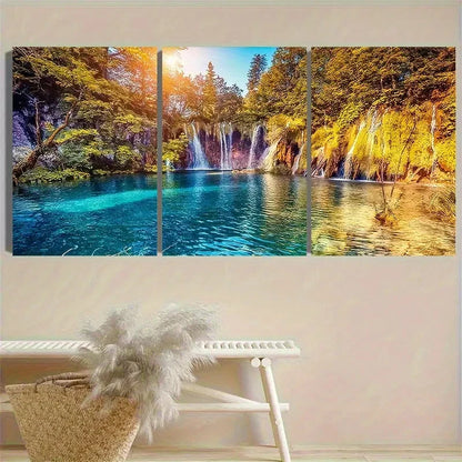 3pcs Sunlit Forest Waterfall Wall Art Set Canvas Framed 50x70cm - High Quality Print 100% Australian Made Wall Canvas Ready to Hang